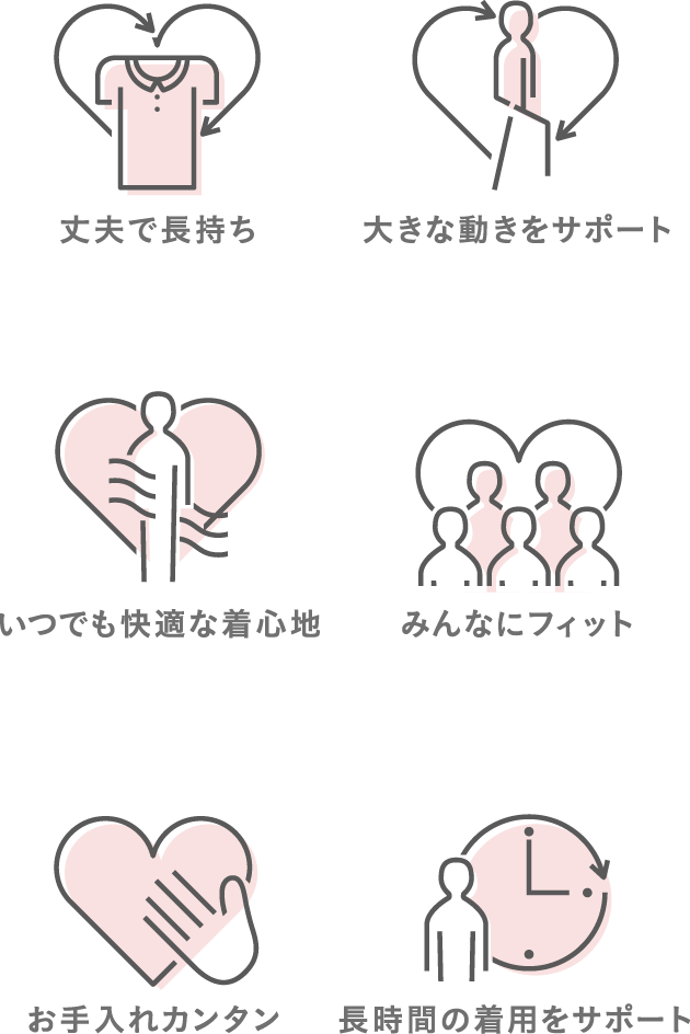 丈夫で長持ち/大きな動きをサポート/いつでも快適な着心地/みんなにフィット/お手入れカンタン/長時間の着用をサポート