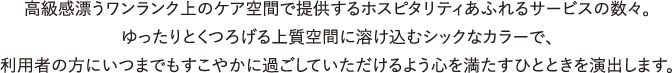 高級感漂うワンランク上のケア空間で提供するホスピタリティあふれるサービスの数々。